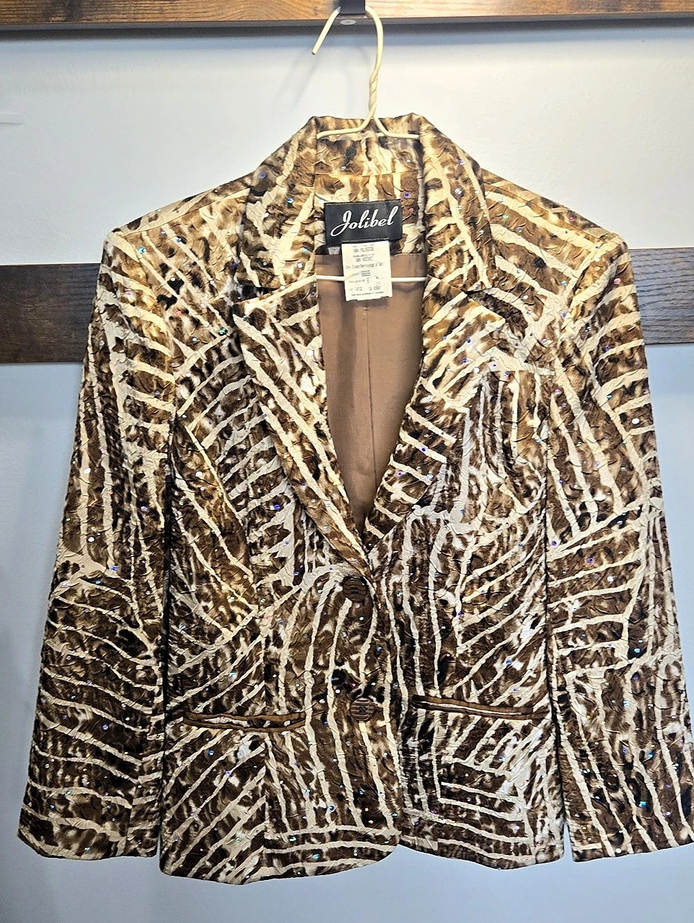 Jolibel Sequin Animal Print Blazer in Brown & White Y2K Sequin Shiny